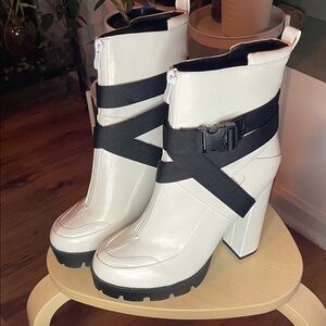 White bootie black straps